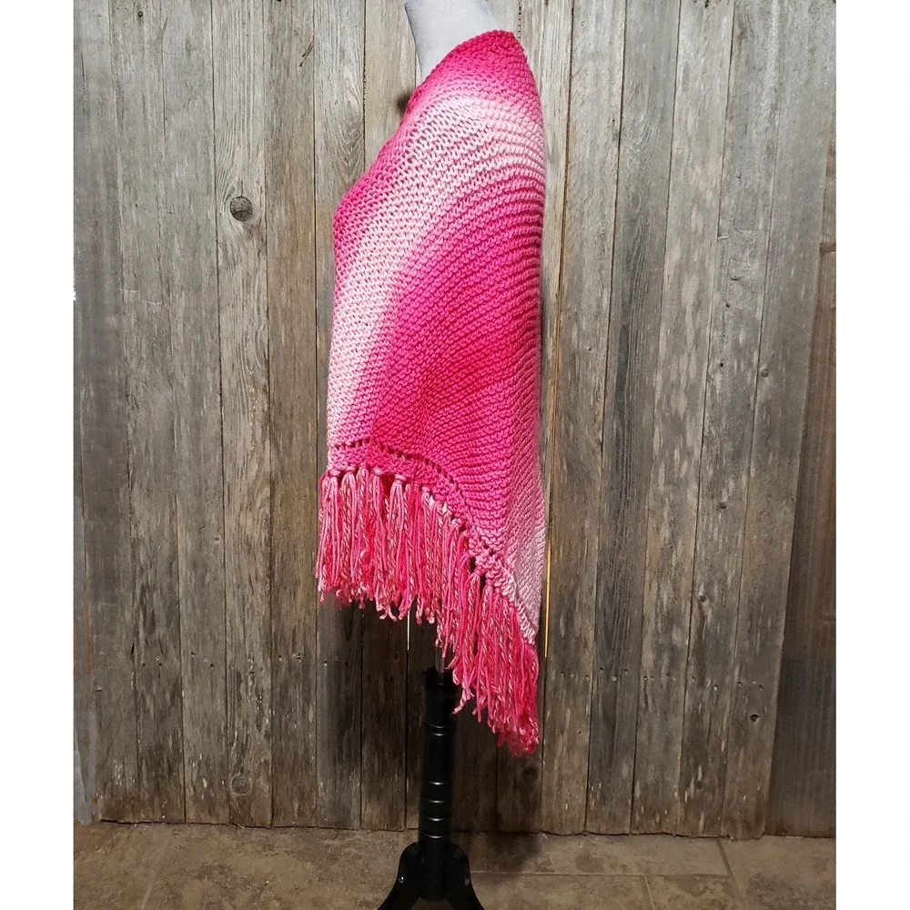 NEW Pink Ombre Hand‎ Knitted Shawl Wrap Scarf Boho Fringe Cottage Coquette Fairy